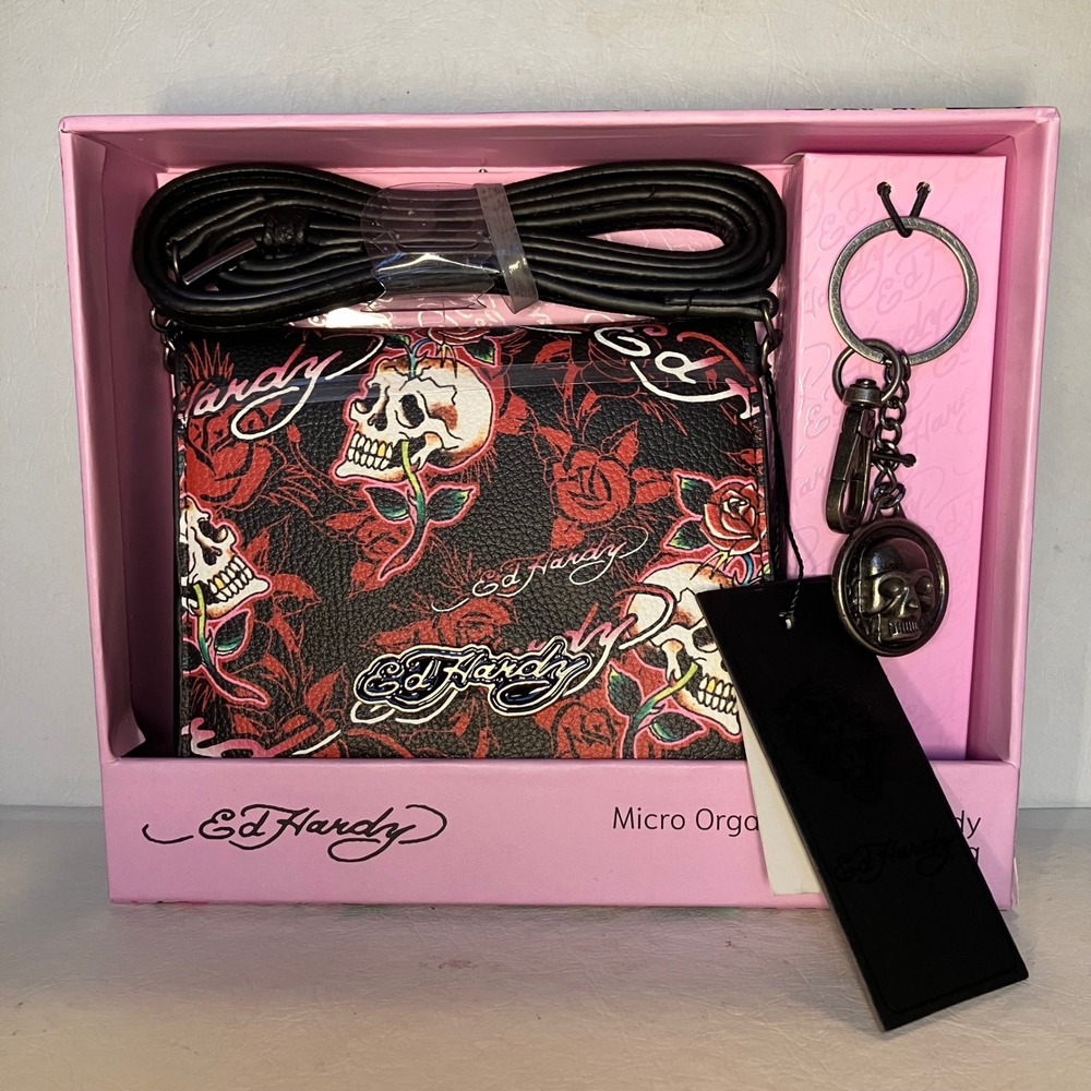 Ed‎ Hardy Black Pink Skull Rose Mini Crossbody Purse & Key Ring Set NIB